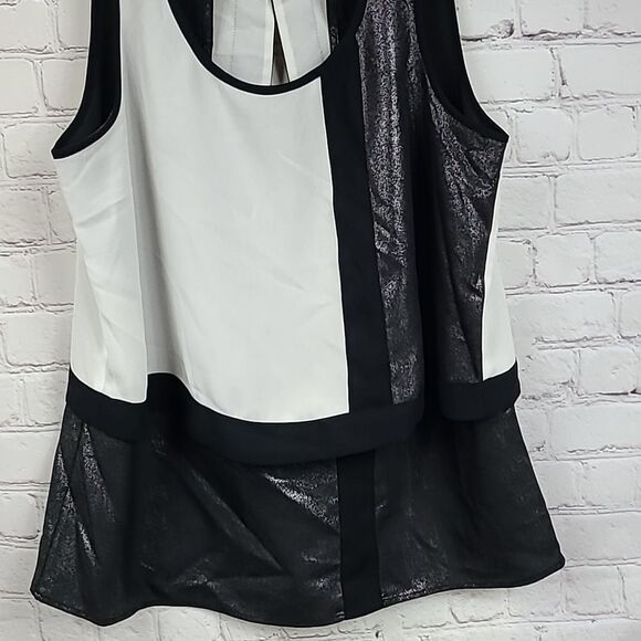 Express Black Cream Silver Color Block Metallic Open Back Sleeveless Work Blouse - Picture 5 of 11